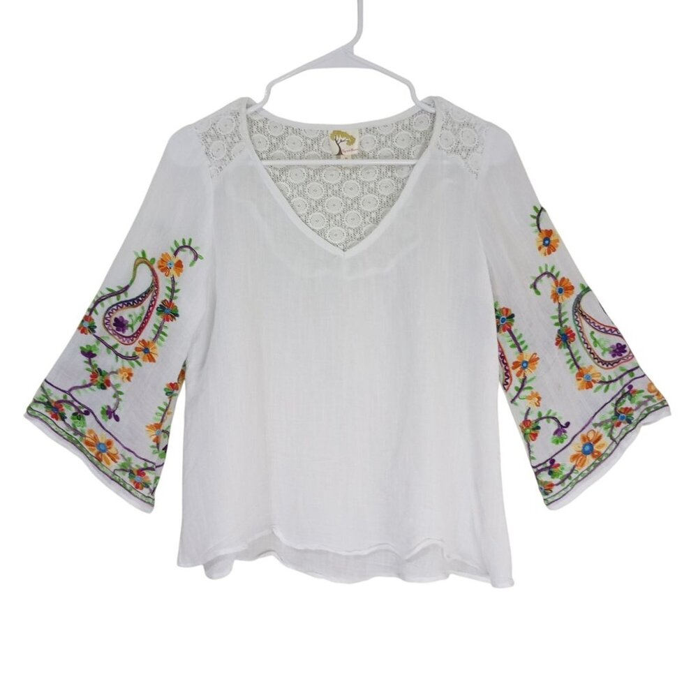 Anthropologie Fig & Flower Embroidered Boho Blouse Floral Lace Details Womens S